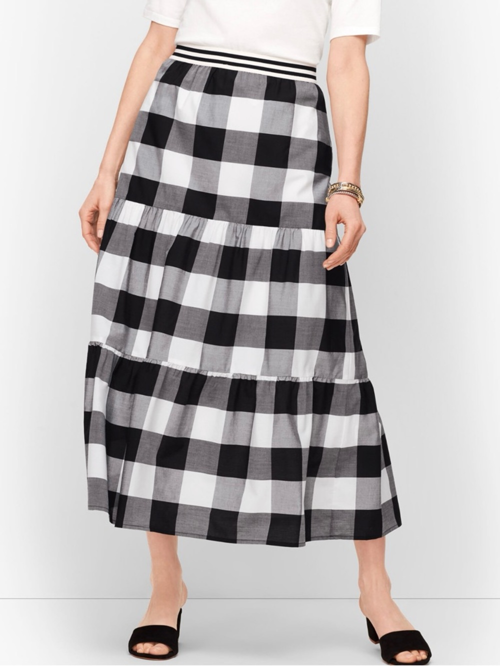 NWT Talbots 100% Cotton Black & White Buffalo Check Tiered Midi Skirt
